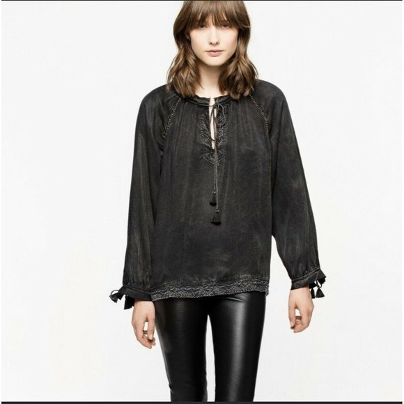 Zadig &Voltaire Theresa Blouse Top Raglan Loose Gray Oversized Bohemian Tunic XS - Picture 1 of 8